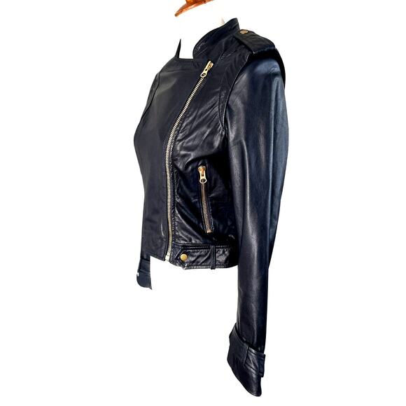 Kookai Paris Genuine Leather Biker Jacket Navy Blue Size 38 New With Tags - Picture 4 of 10